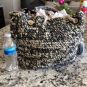 Straw material black and beige summer bag